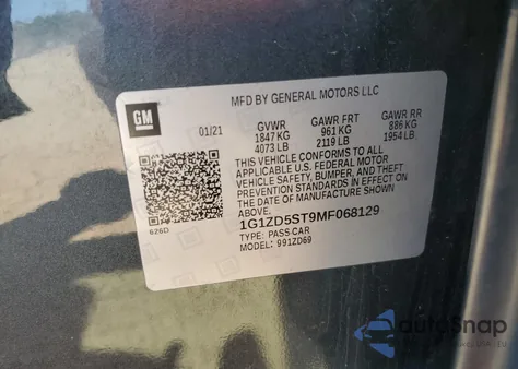 2021 Chevrolet Malibu Lt из США, поврежденный, VIN 1G1ZD5ST9MF068129